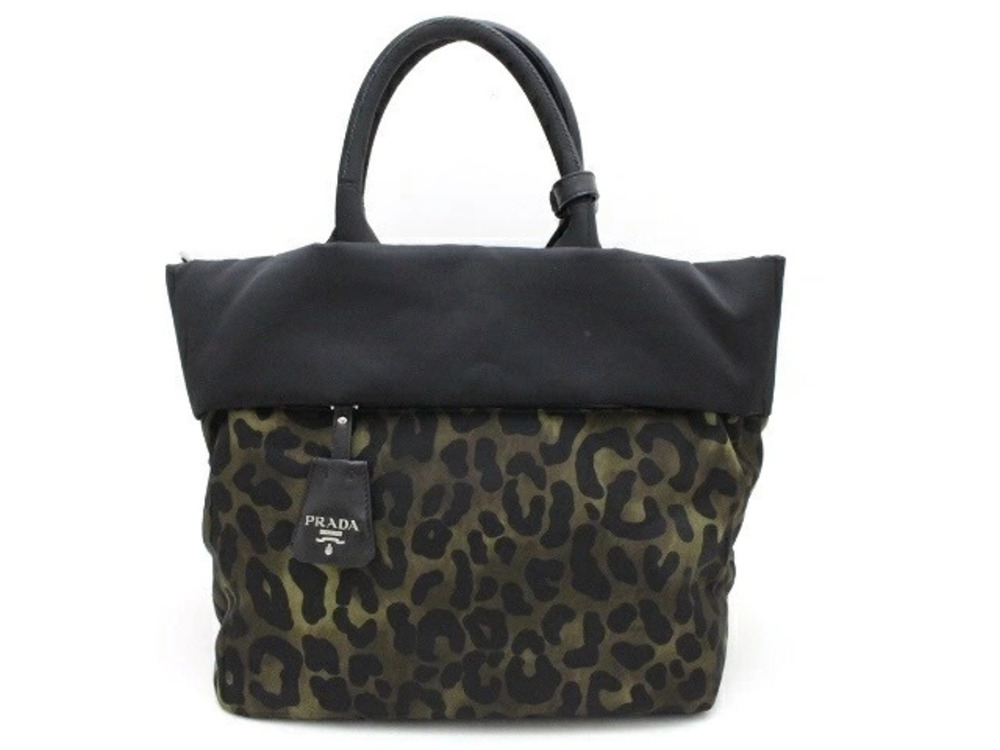 Prada Shoulder Bag Handbag Leopard Black Khaki Green